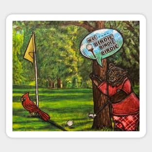 Here Birdie Birdie Birdie Bear Golfing Away Sticker